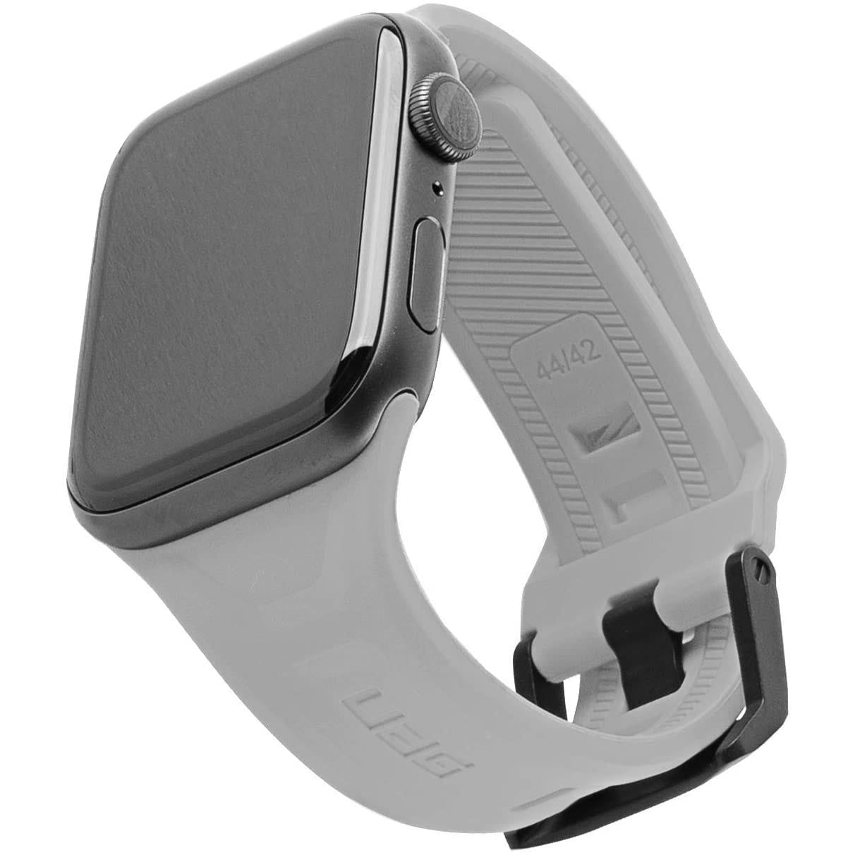 Armband Urban Armor Gear Scout für Apple Watch 44mm Serie S/6/5/4, 42mm Serie 3/2/1, silbern.