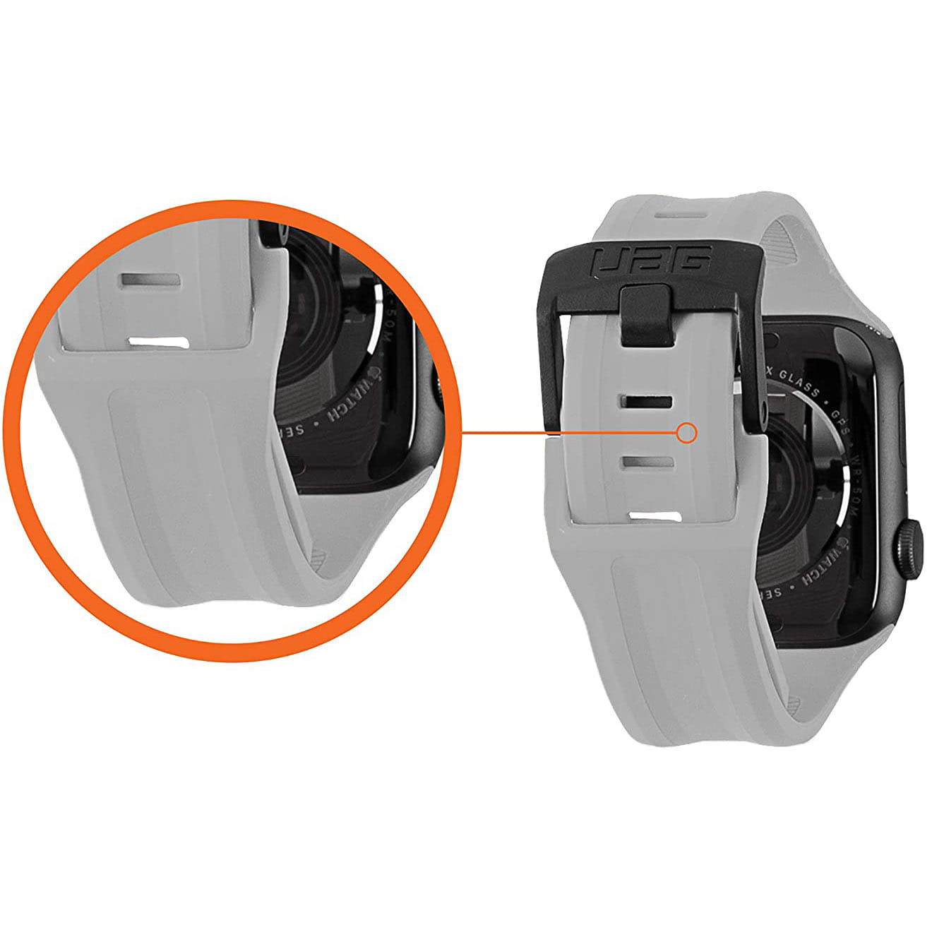 Armband Urban Armor Gear Scout für Apple Watch 44mm Serie S/6/5/4, 42mm Serie 3/2/1, silbern.