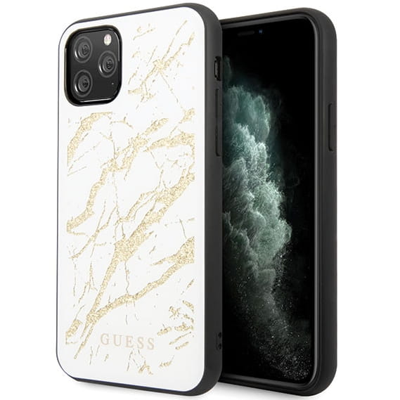 Exklusives Gehäuse aus der Glitter Marble Glass-Serie für iPhone 11 Pro Max weiß.
