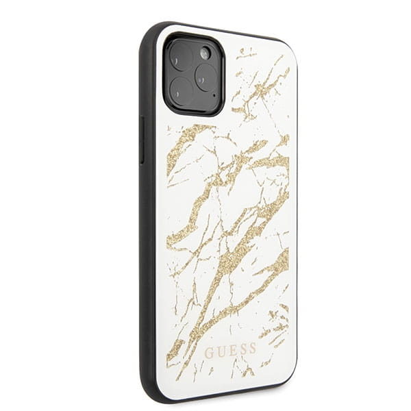 Exklusives Gehäuse aus der Glitter Marble Glass-Serie für iPhone 11 Pro Max weiß.