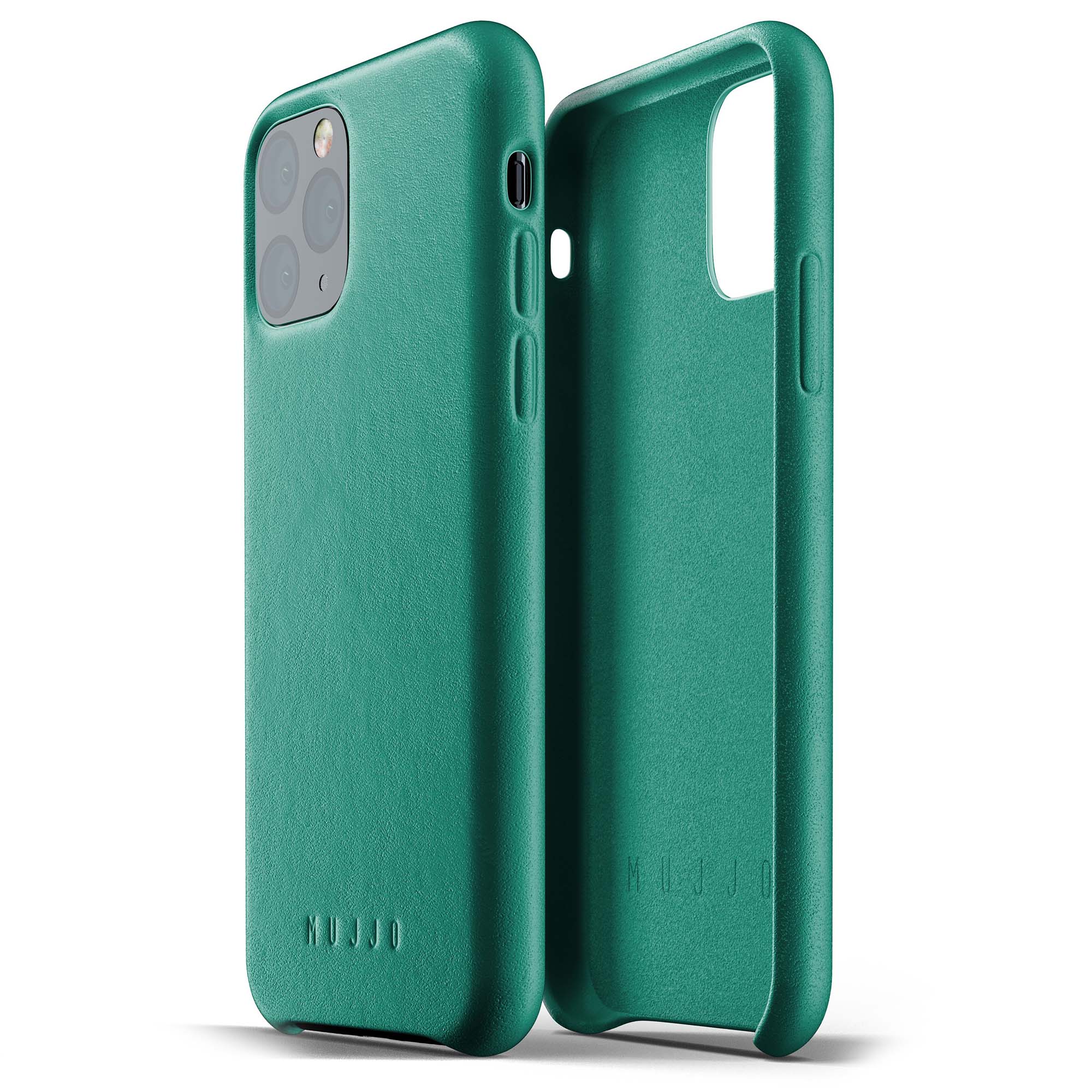 Eine elegante Hülle von Mujjo aus der Full Grain Leather Case Serie für iPhone 11 Pro, grün.