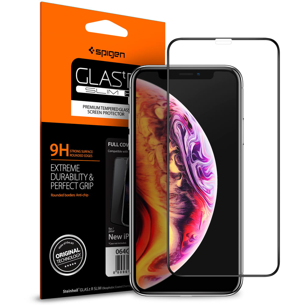 Spigen gehärtetes Glas.tR Slim FC für iPhone 11/Xr - kompatibel mit Hülle, schwarzer Rahmen