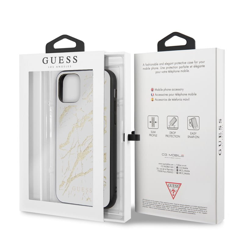 Exklusives Gehäuse aus der Glitter Marble Glass-Serie für iPhone 11 Pro Max weiß.