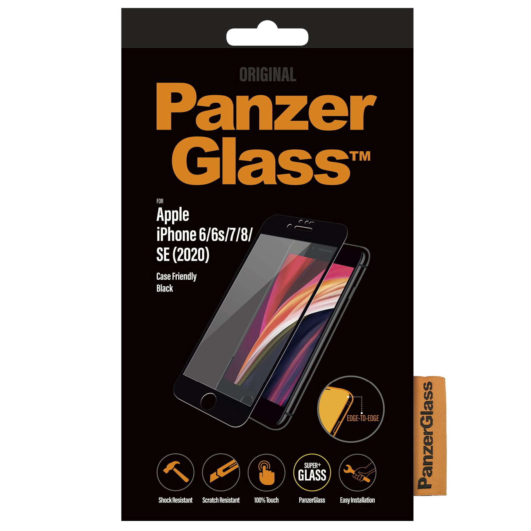 Gehärtetes Glas PanzerGlass Case Friendly für iPhone SE 2020, 8/7/6s/6, schwarzer Rahmen.