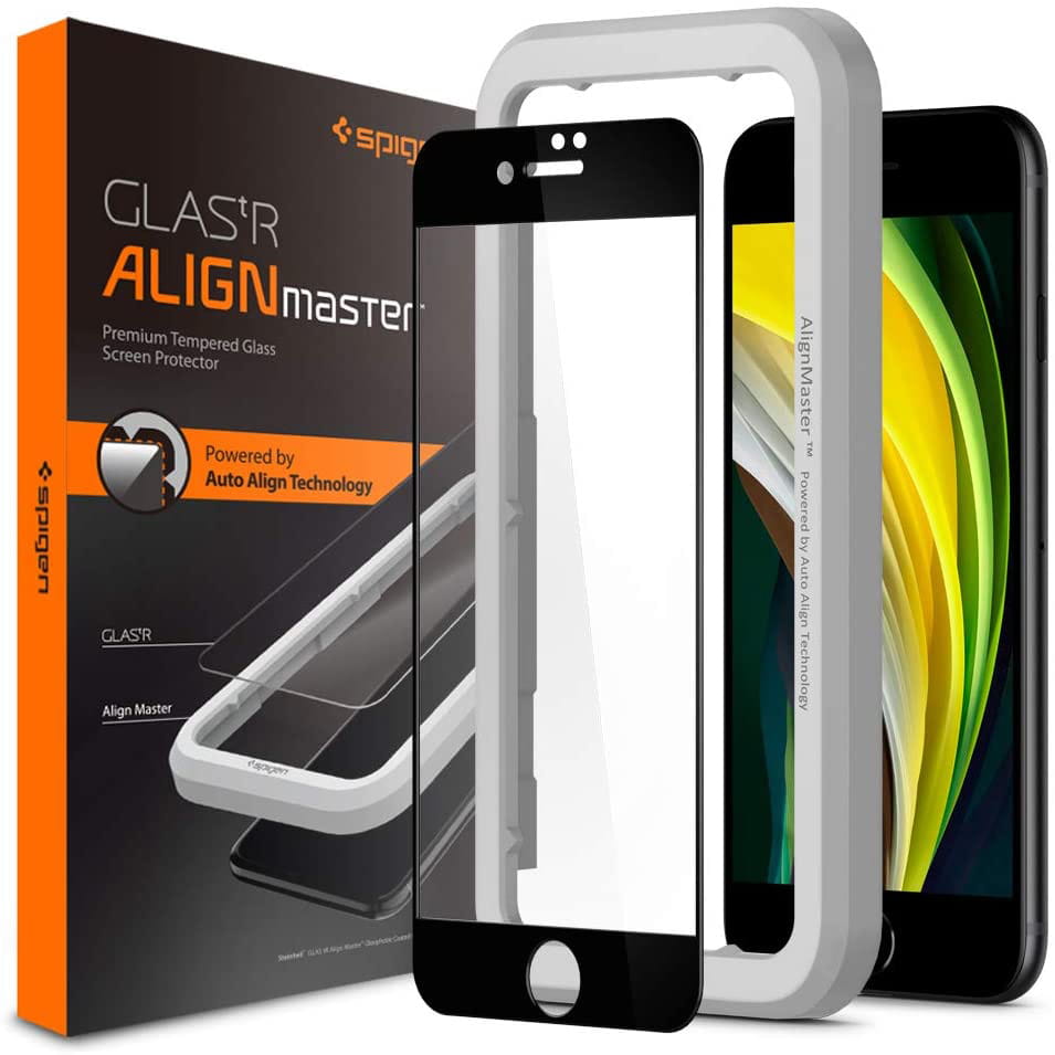 Spigen gehärtetes Glas.tR Slim FC Align Master mit schwarzem Rahmen für iPhone SE 2020, 8/7 - kompatibel mit Hülle