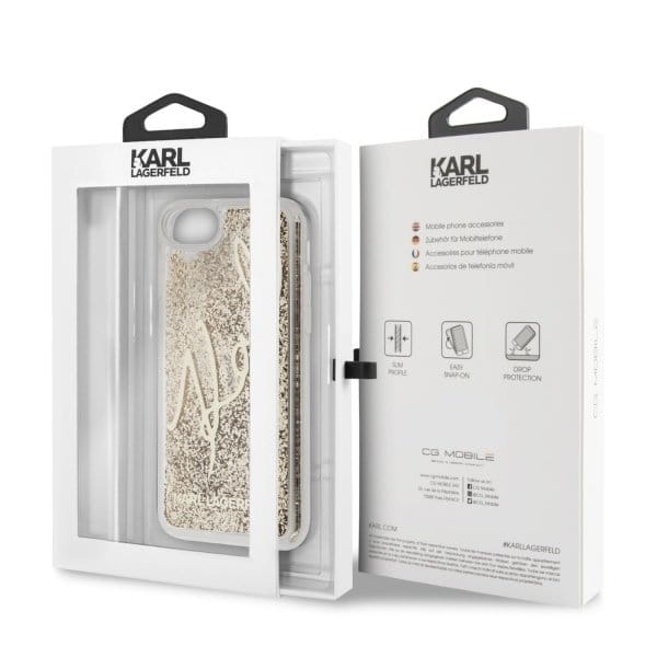 Exklusive Hülle Hard Case Glitter Signature von Karl Lagerfeld für iPhone SE 2020, 8/7, golden