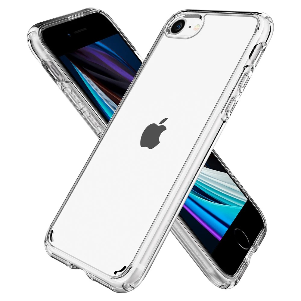 Originale Hülle von Spigen aus der Serie Crystal Hybrid für iPhone SE 2020, 8/7, transparent.