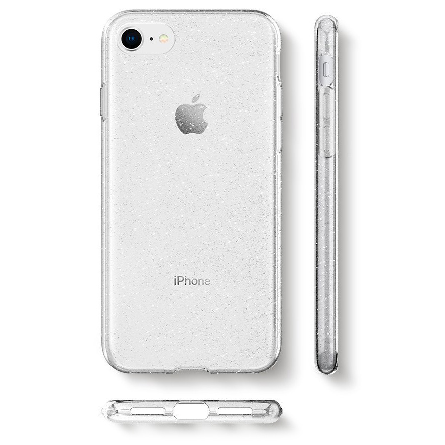 Originale Silikonhülle Liquid Crystal Glitter von Spigen für iPhone SE 2020, 7/8, transparent mit Glitzer.