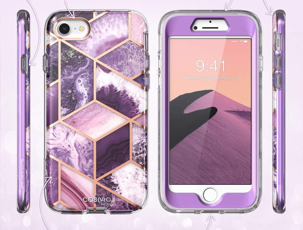 Gepanzerte Schutzhülle mit eingebautem Displayschutz Supcase i-Blason Cosmo für iPhone SE 2020, 8/7, violett.