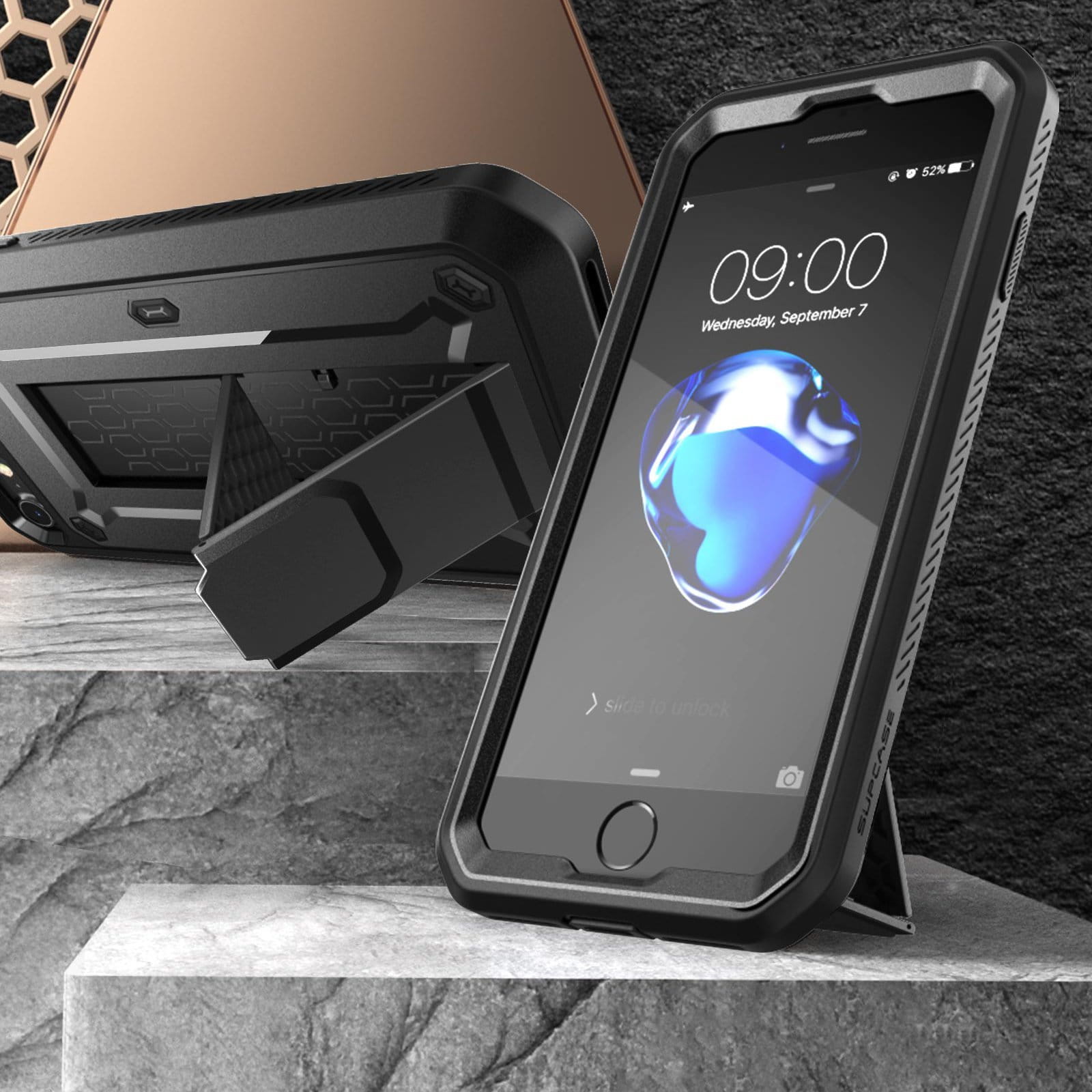 Gepanzerte Schutzhülle mit eingebautem Displayschutz, Ständer und Holster mit Drehclip Supcase aus der Serie Unicorn Beetle Pro für iPhone SE 2020, 8/7, schwarz.