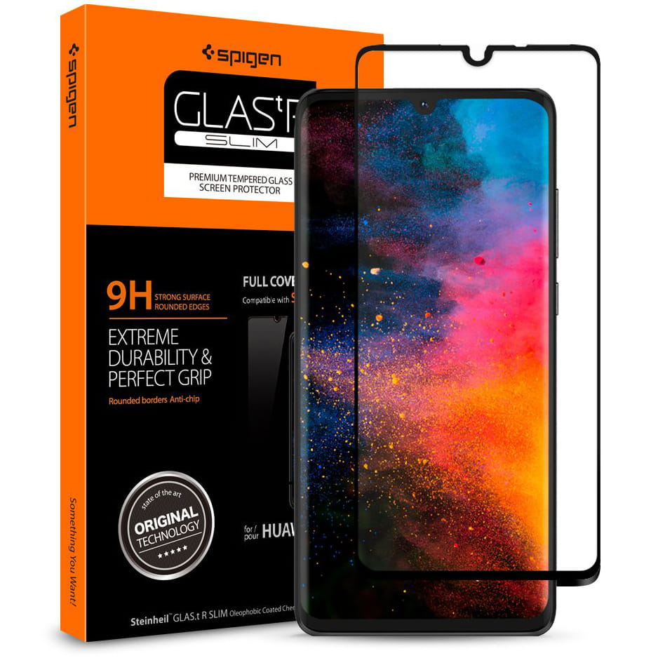 Spigen gehärtetes Glas.tR Slim FC für Huawei P30- kompatibel mit Hülle, schwarzer Rahmen