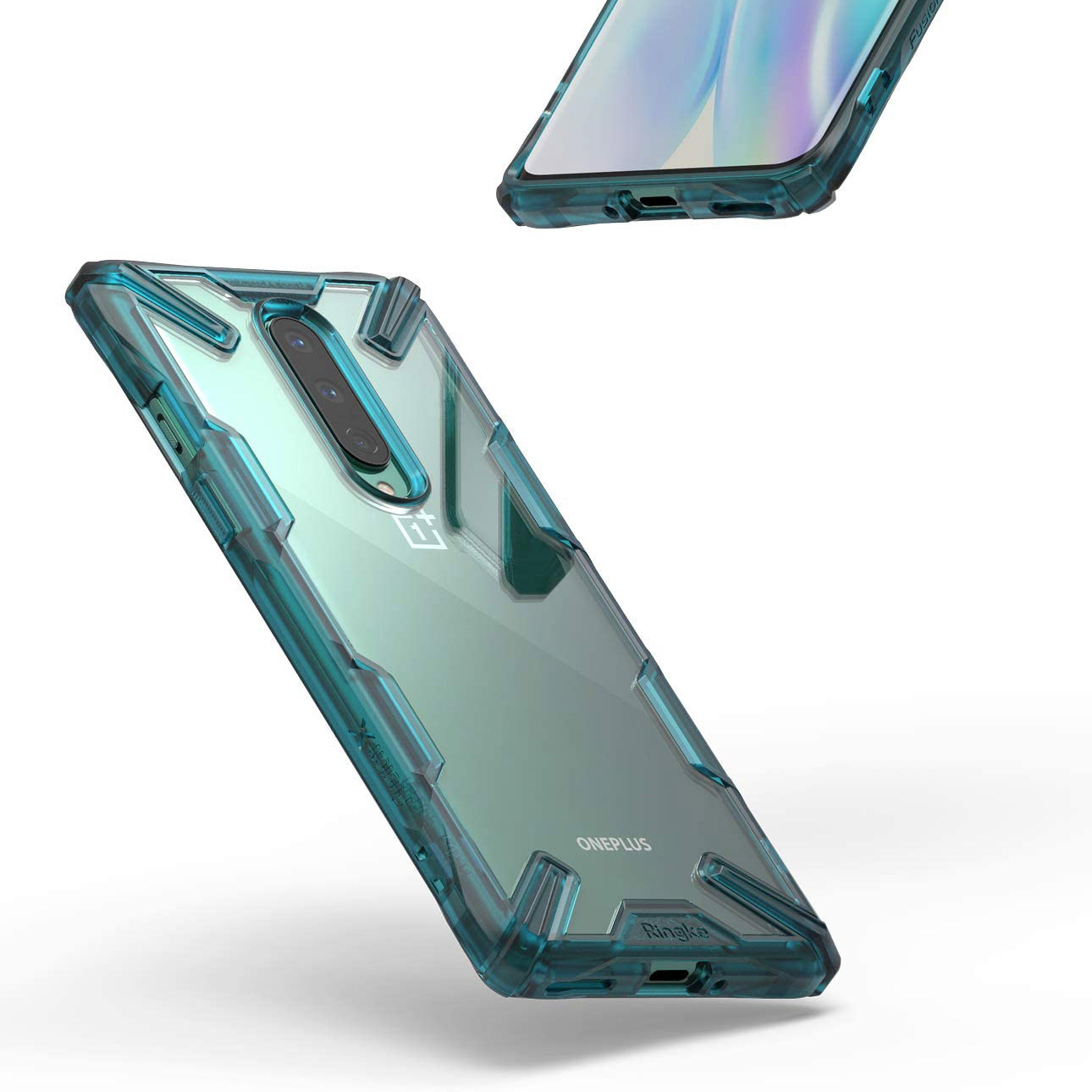 Schutzhülle Rearth Ringke Fusion X für OnePlus 8, transparent mit dem türkisen Rahmen