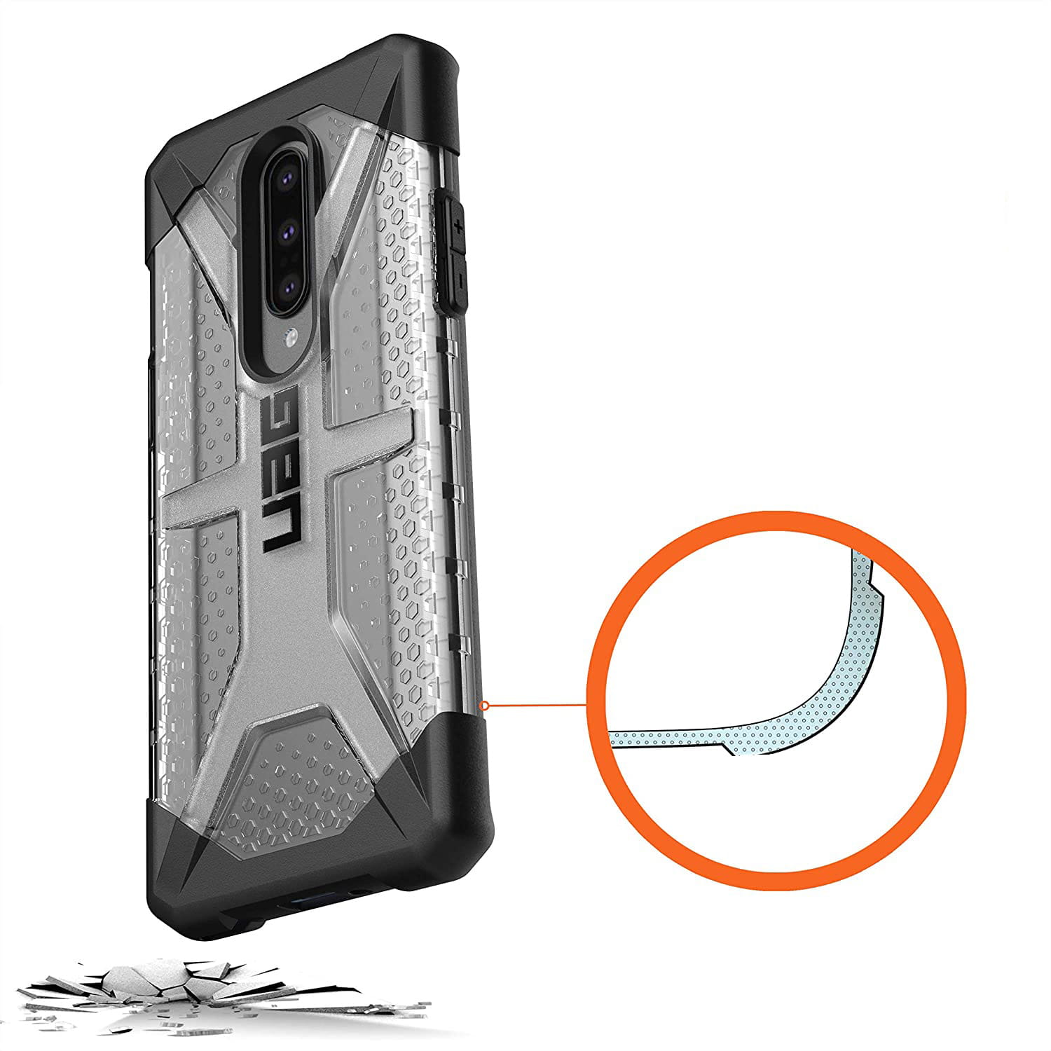 Gepanzerte Schutzhülle Urban Armor Gear Plasma für OnePlus 8, Transparent mit schwarzem Rahmen.