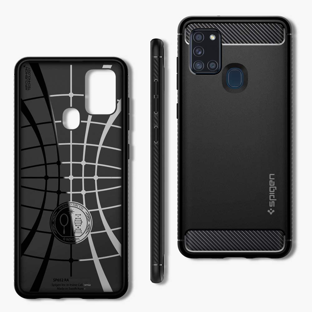 Original Schutzhülle Spigen aus der Serie Rugged Armor für Samsung Galaxy A21s, schwarz