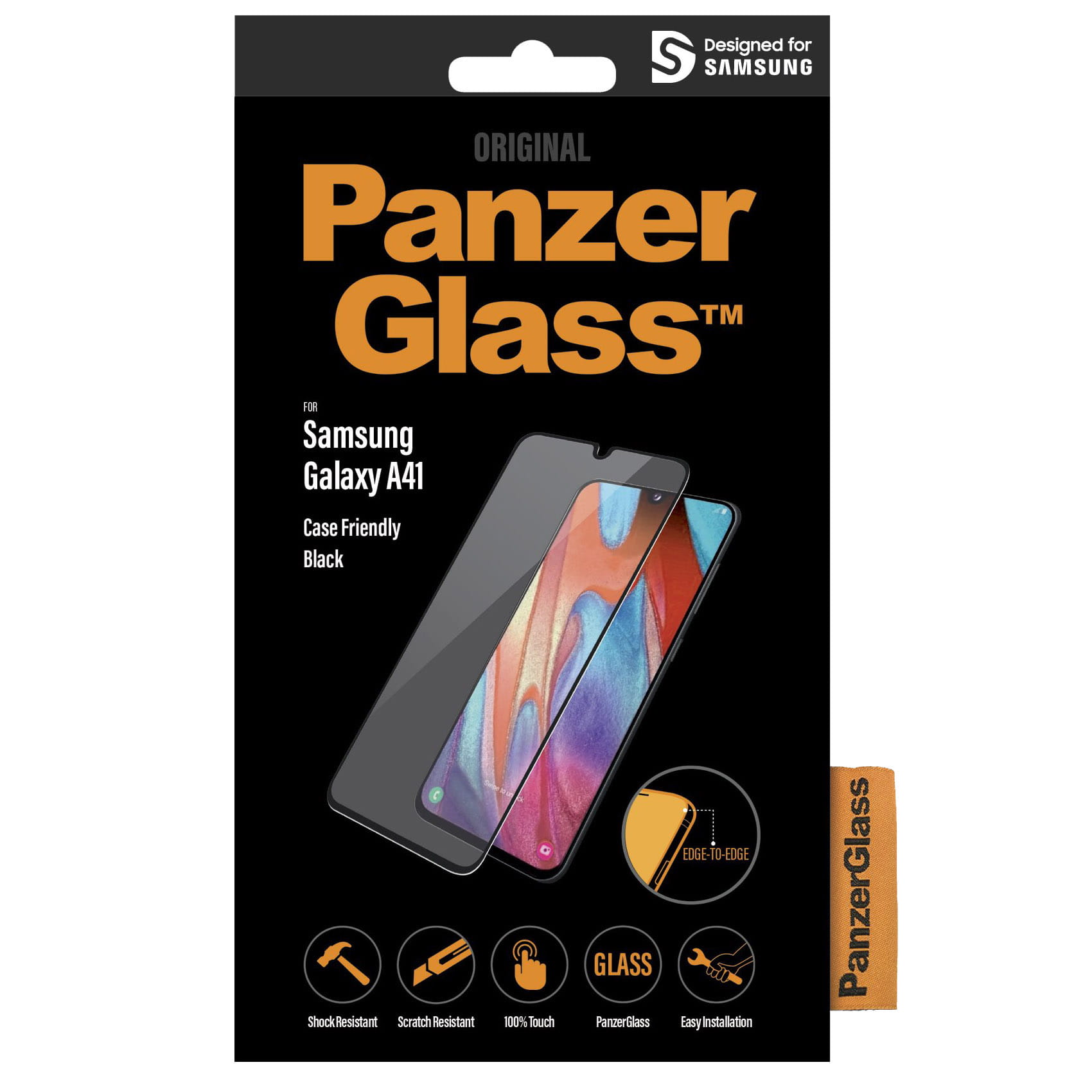 Gehärtetes Glas PanzerGlass Case Friendly für Galaxy A41, schwarzer Rahmen.
