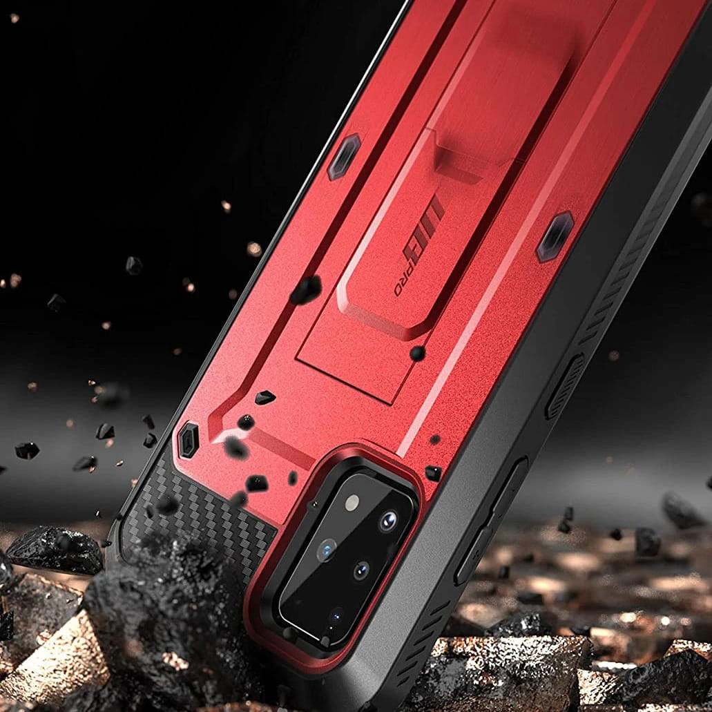 Gepanzerte Schutzhülle mit eingebautem Displayschutz, Ständer und Holster mit Drehclip Supcase aus der Serie Unicorn Beetle Pro für Galaxy A51, rot.