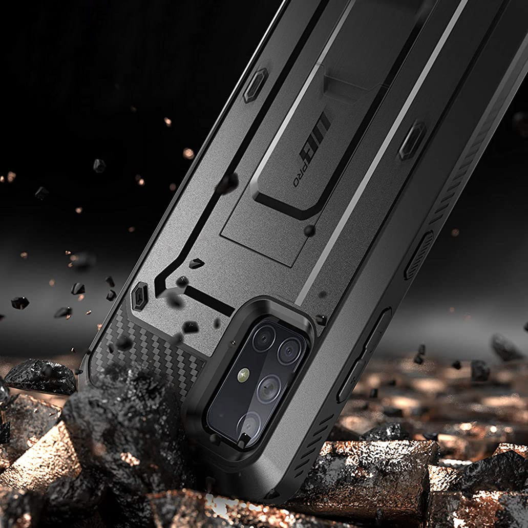 Gepanzerte Schutzhülle mit eingebautem Displayschutz, Ständer und Holster mit Drehclip Supcase aus der Serie Unicorn Beetle Pro für Galaxy A71, schwarz.