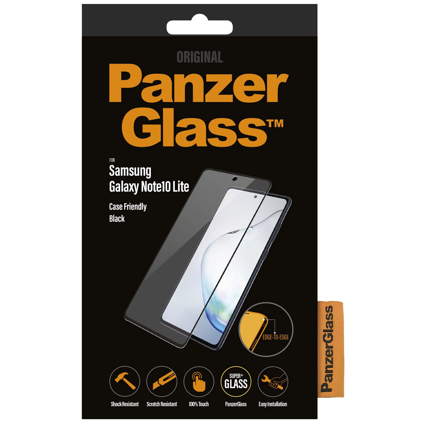 Gehärtetes Glas PanzerGlass Case Friendly für Galaxy Note 10 Lite, schwarzer Rahmen.