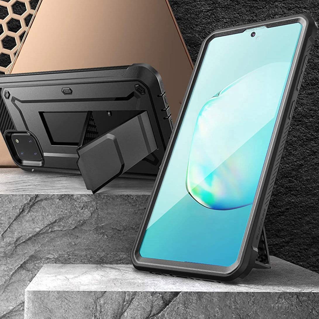 Gepanzerte Schutzhülle mit eingebautem Displayschutz, Ständer und Holster mit Drehclip Supcase aus der Serie Unicorn Beetle Pro für Galaxy Note 10 Lite, schwarz.