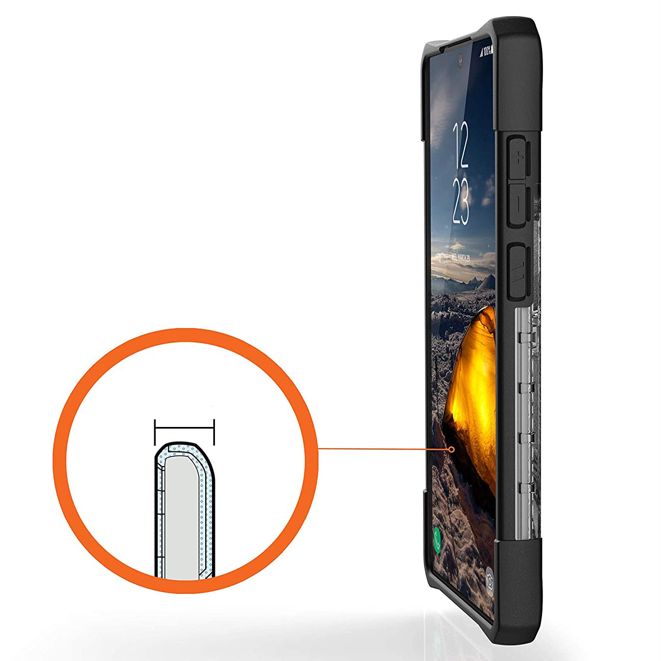 Gepanzerte Schutzhülle Urban Armor Gear Plasma für Galaxy Note 20 Ultra, transparent mit schwarzem Rahmen.