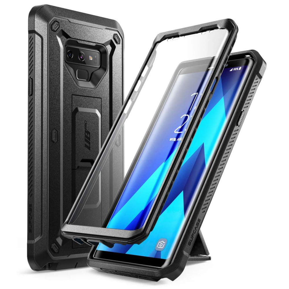 Gepanzerte Schutzhülle mit eingebautem Displayschutz, Ständer und Holster mit Drehclip Supcase aus der Serie Unicorn Beetle Pro für Galaxy Note 9, schwarz.