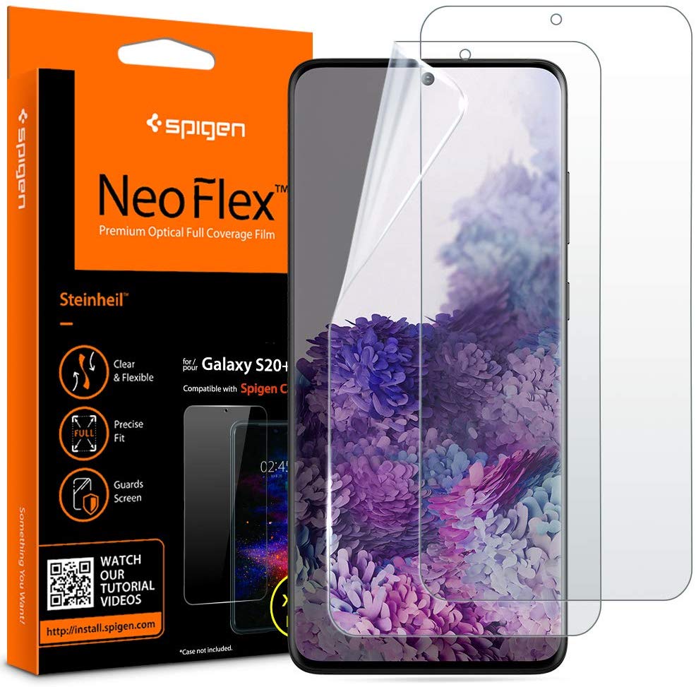 Flexible Folie der Marke Spigen für Galaxy S20 Plus, mit den meisten Schutzhüllen kompatibel.