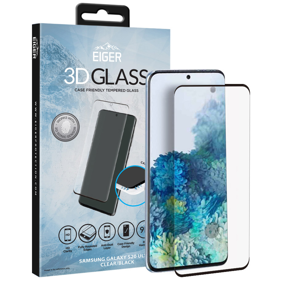 Panzerglas mit runden Kanten, kompatibel mit Hülle Eiger 3D Glass Case Friendly mit schwarzem Rahmen