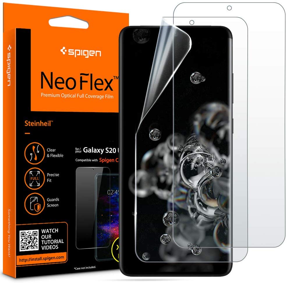 Flexible Folie der Marke Spigen für Galaxy S20 Ultra, mit den meisten Schutzhüllen kompatibel.