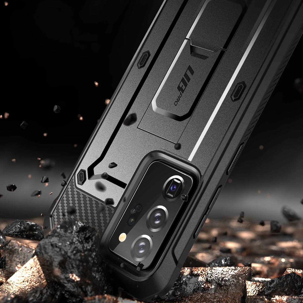 Gepanzerte Schutzhülle mit eingebautem Displayschutz, Ständer und Holster mit Drehclip Supcase aus der Serie Unicorn Beetle Pro für Galaxy Note 20 Ultra, schwarz.